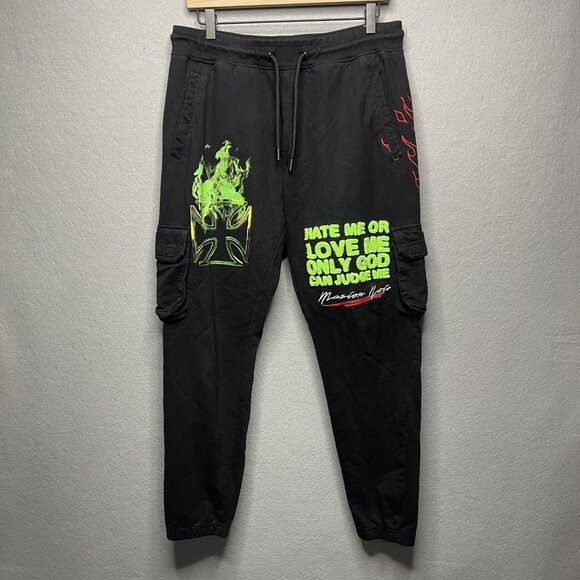 Maison Noir Black Cargo Joggers With Neon Green & Red Flame Embroidery Size L - Picture 1 of 9